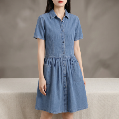 Lucia Riva™ Casual Lightweight Denim Look Midi Dress with Short Sleeves