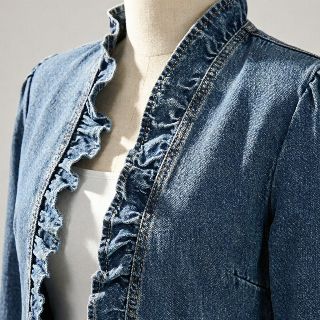 Gianna Castelli™ Ruffle Trim Open Front Denim Jacket