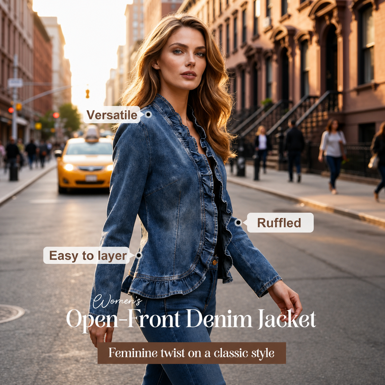 Gianna Castelli™ Ruffle Trim Open Front Denim Jacket