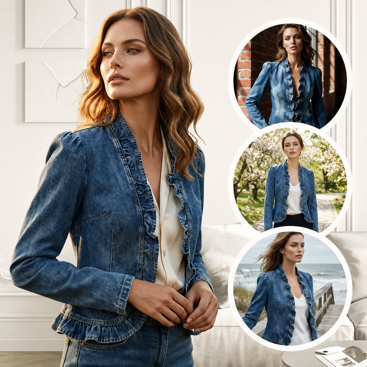 Gianna Castelli™ Ruffle Trim Open Front Denim Jacket