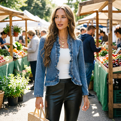 Gianna Castelli™ Ruffle Trim Open Front Denim Jacket