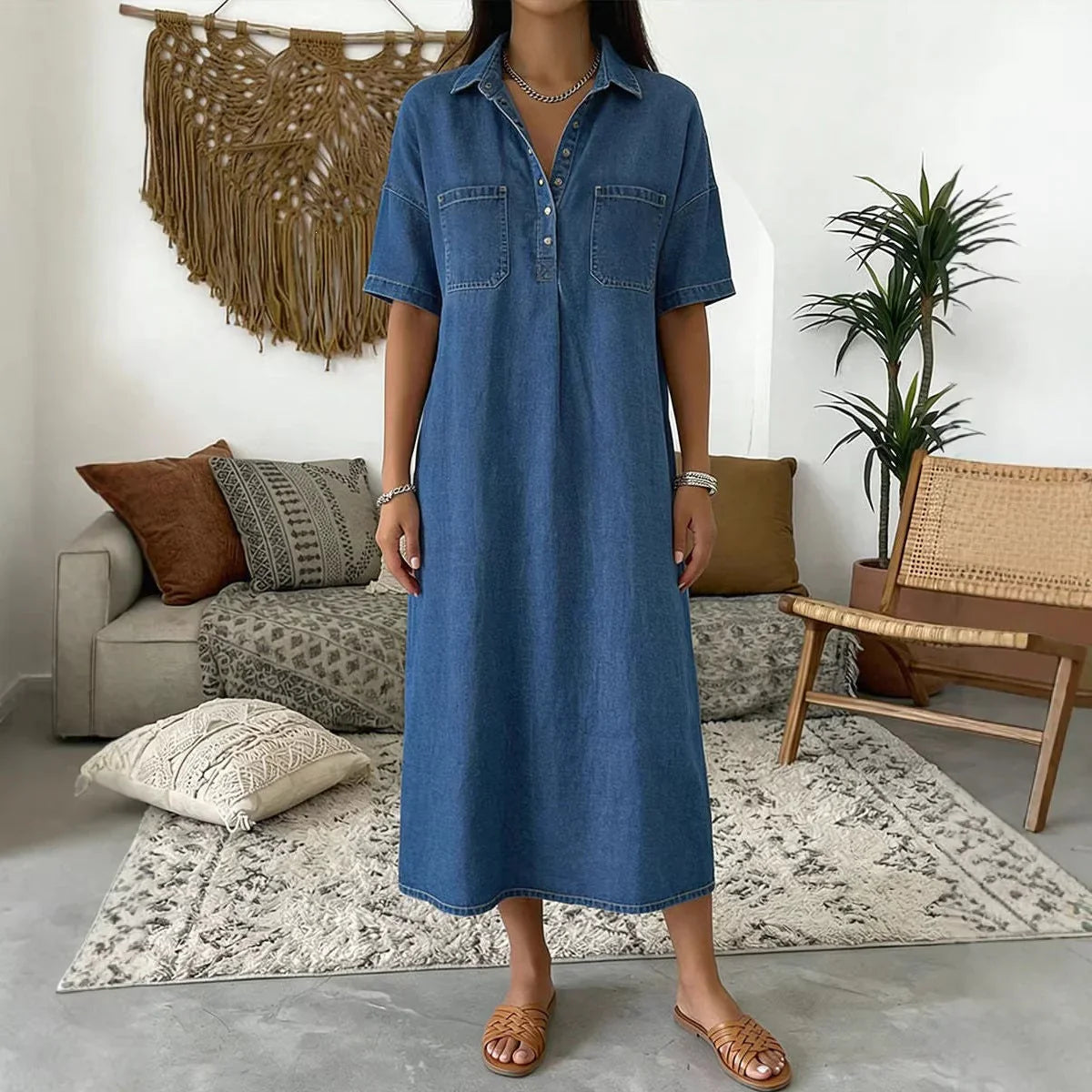 Ida Casual Pocket Denim Midi Shirt Dress - main front product view