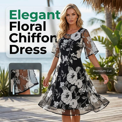 Ileana Elegant Floral Print Chiffon Dress - main front view of women's floral chiffon dress