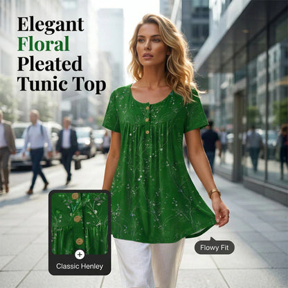 Ivana Women's Floral Print Pleated Tunic Top - front hero view of flowing floral tunic