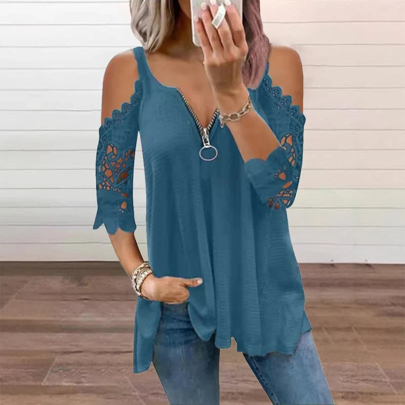 Larissa Belmonte™ Elegant Cold Shoulder Lace Top