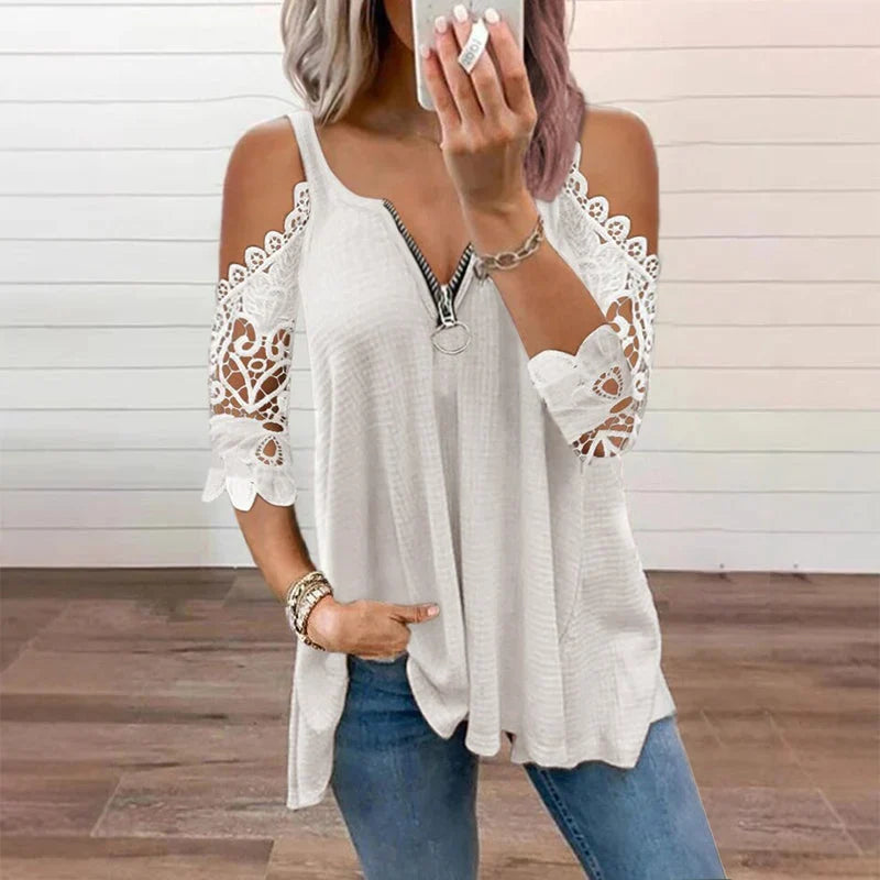 Larissa Belmonte™ Elegant Cold Shoulder Lace Top