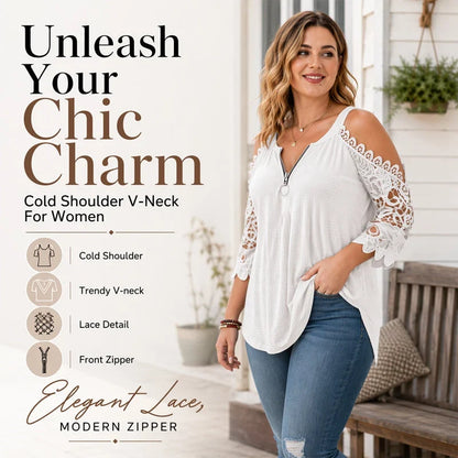 Larissa Belmonte Elegant Cold Shoulder Top - main product view of lace cold shoulder top with zipper