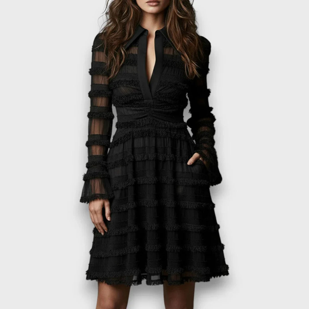 Laura Parisa Midi Dress with Transparent Fringe Details - main front product view