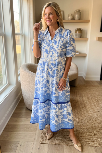 Lucia Lombardi™ Elegant Porcelain Vines Blue Dress
