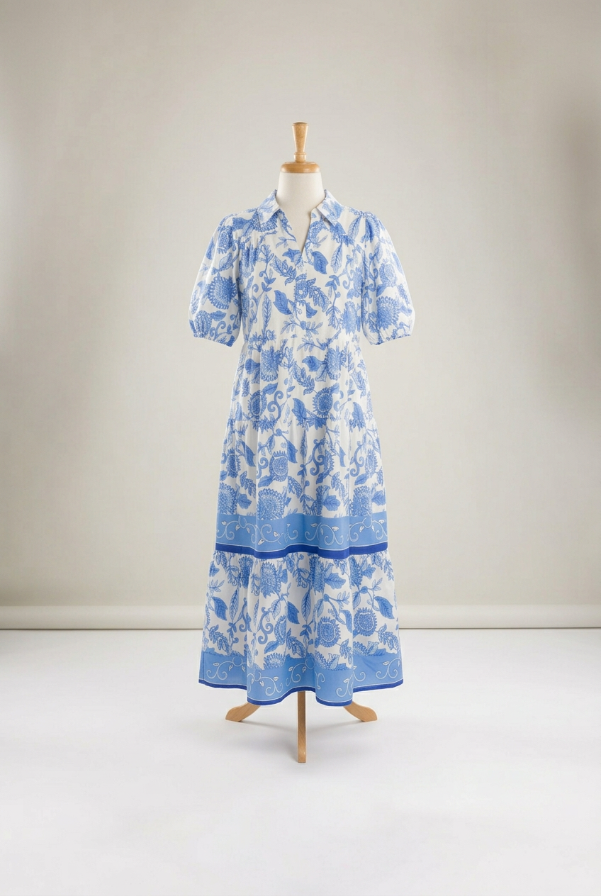Lucia Lombardi™ Elegant Porcelain Vines Blue Dress