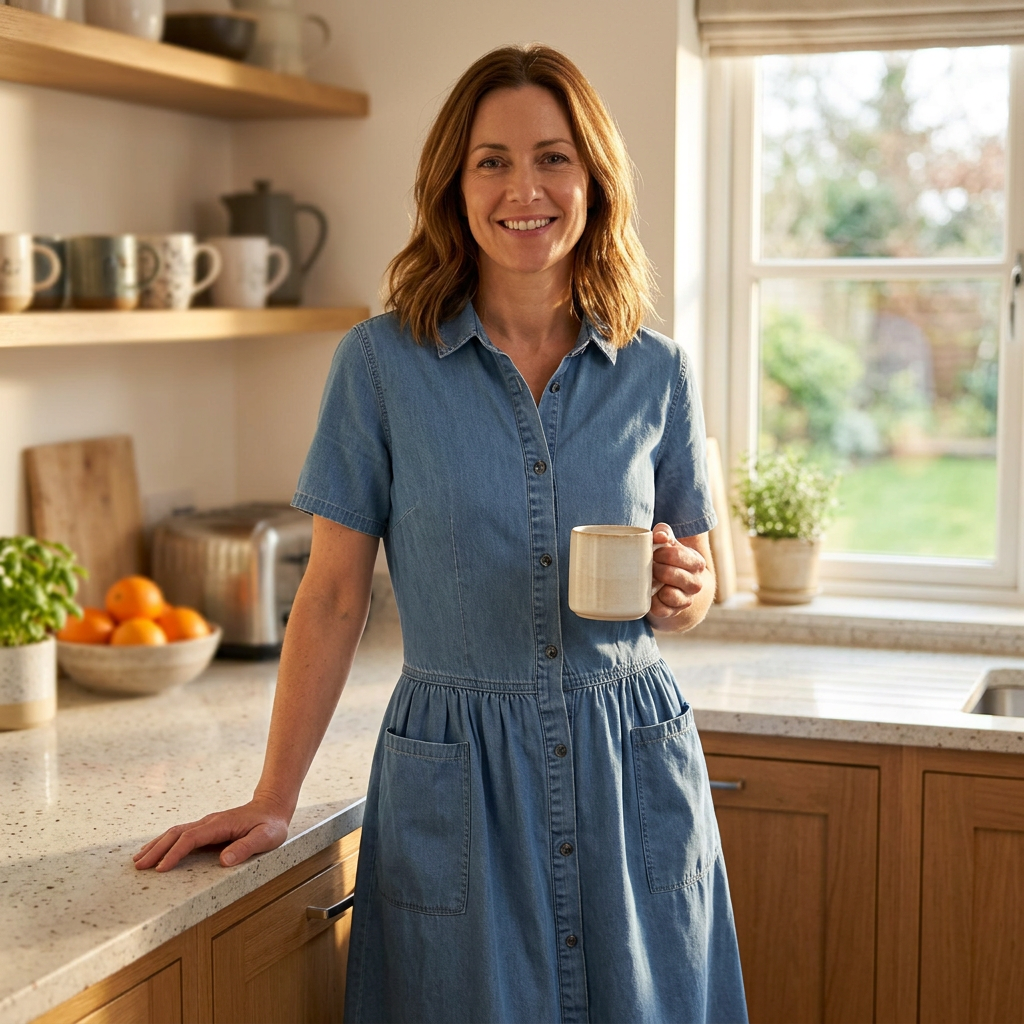 Lucia Riva™ Casual Lightweight Denim Look Midi Dress with Short Sleeves