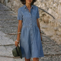 Lucia Riva™ Casual Lightweight Denim Look Midi Dress with Short Sleeves