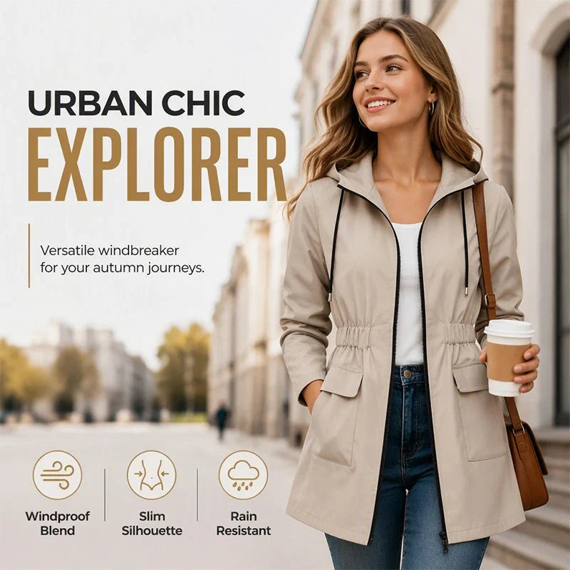 Luisella Vergani Hooded Windbreaker - main front view of women's waterproof windbreaker with hood
