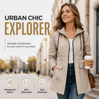 Luisella Vergani Hooded Windbreaker - main front view of women's waterproof windbreaker with hood