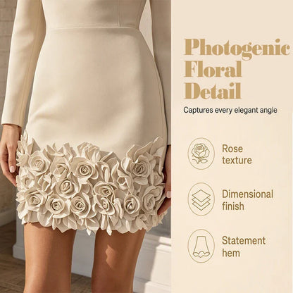 Malvina Ambrosino™ Elegant V-Neck Dress with Rose Hem