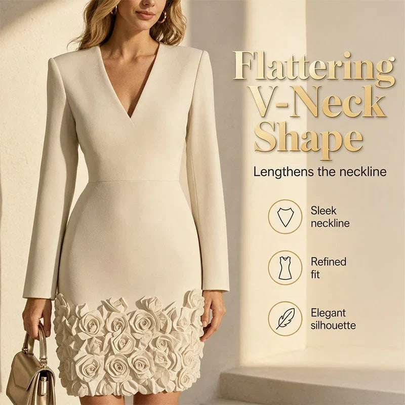 Malvina Ambrosino™ Elegant V-Neck Dress with Rose Hem