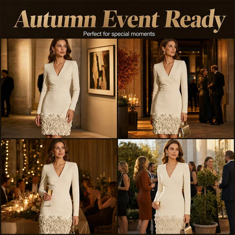 Malvina Ambrosino™ Elegant V-Neck Dress with Rose Hem