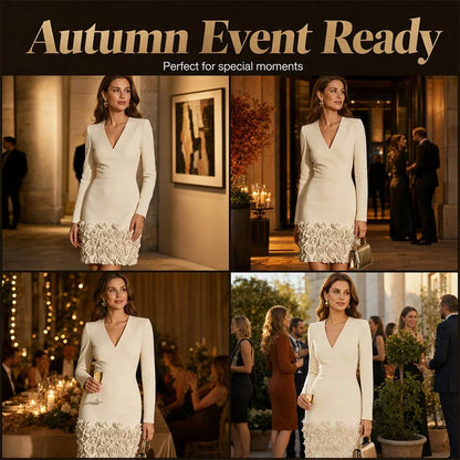 Malvina Ambrosino™ Elegant V-Neck Dress with Rose Hem