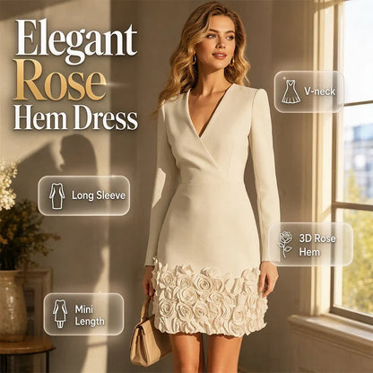 Malvina Elegant V-Neck Long Sleeve Dress with Rose Hem - main front product view