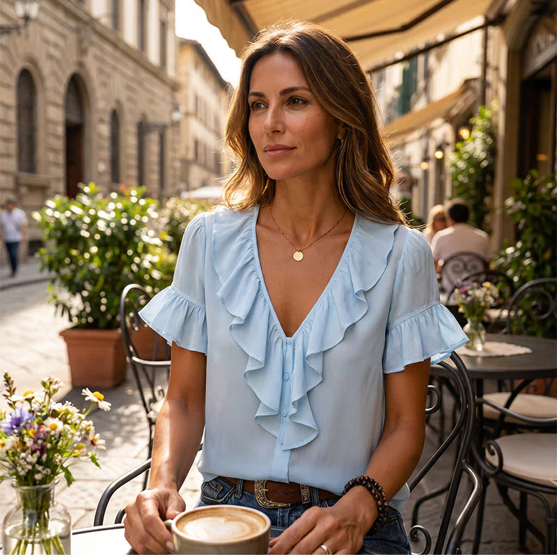 Malvina Pecora™ Ruffle V-Neck Blouse for Effortless Summer Style