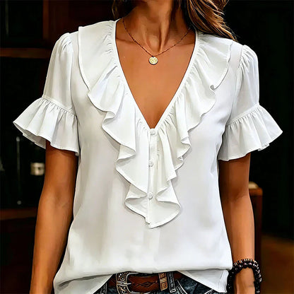 Malvina Pecora™ Ruffle V-Neck Blouse for Effortless Summer Style