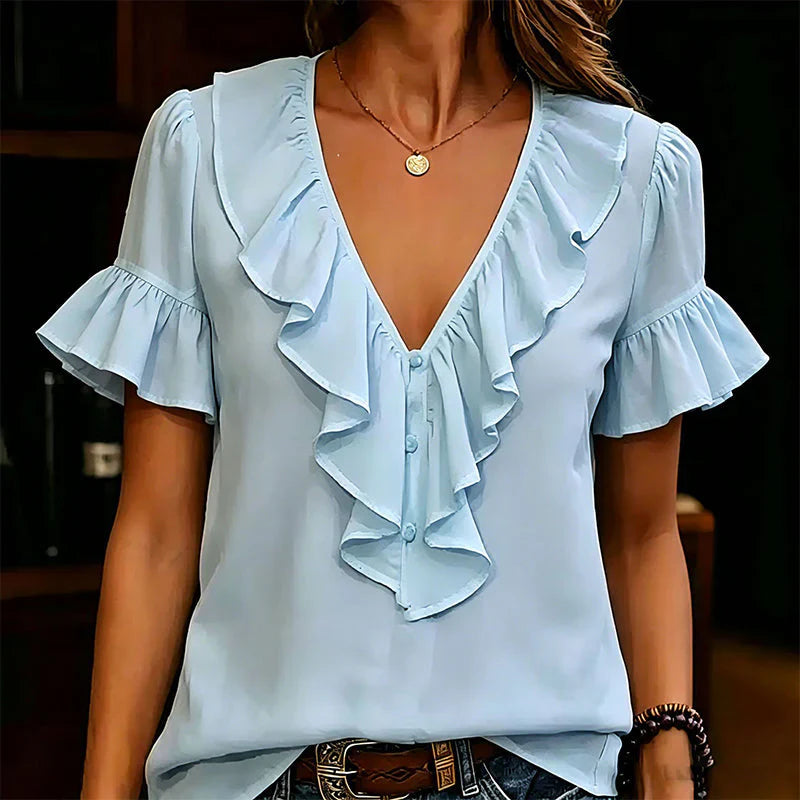 Malvina Pecora™ Ruffle V-Neck Blouse for Effortless Summer Style