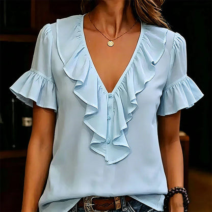 Malvina Pecora™ Ruffle V-Neck Blouse for Effortless Summer Style