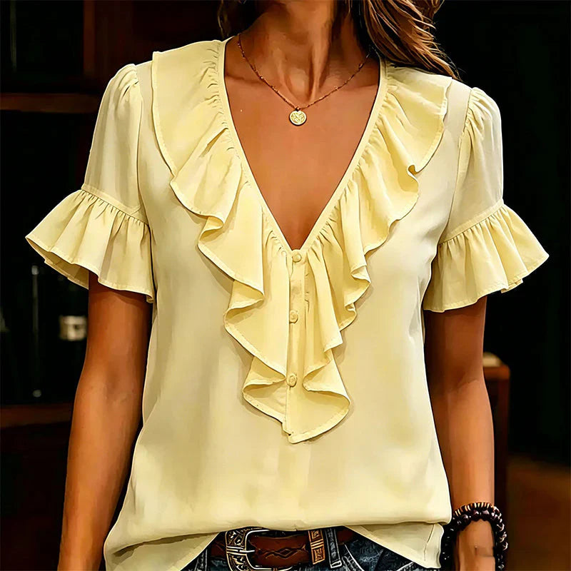 Malvina Pecora™ Ruffle V-Neck Blouse for Effortless Summer Style