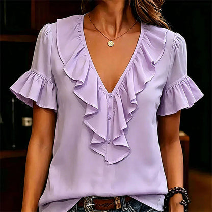 Malvina Pecora™ Ruffle V-Neck Blouse for Effortless Summer Style