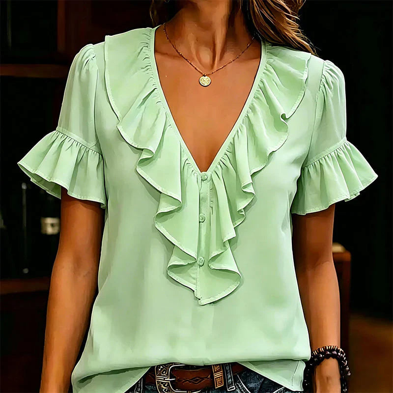 Malvina Pecora™ Ruffle V-Neck Blouse for Effortless Summer Style