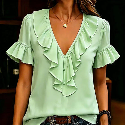 Malvina Pecora™ Ruffle V-Neck Blouse for Effortless Summer Style