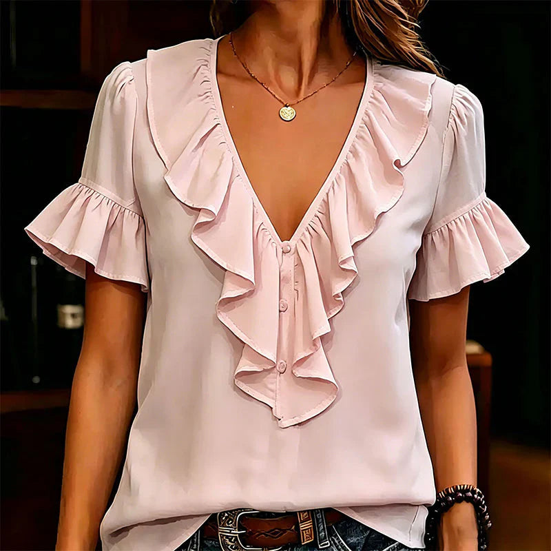 Malvina Pecora™ Ruffle V-Neck Blouse for Effortless Summer Style