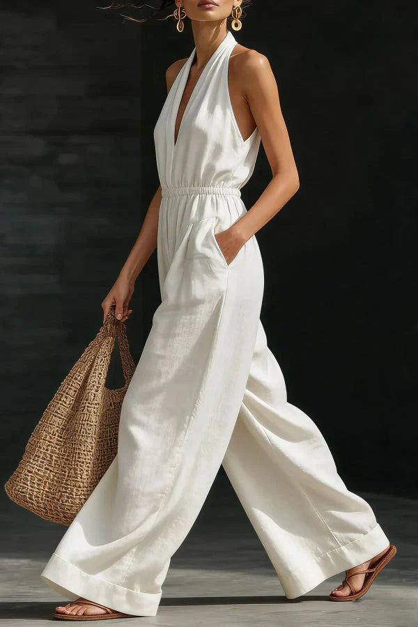 Malvina Backless Wide-Leg Pocket Jumpsuit - main front view of the effortless wide-leg jumpsuit
