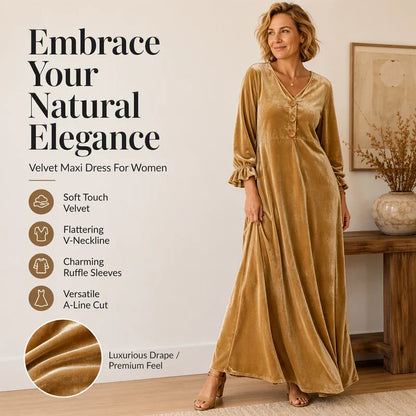 Manuela Elegant Velvet Maxi Dress with Ruffle Sleeve - main front product view