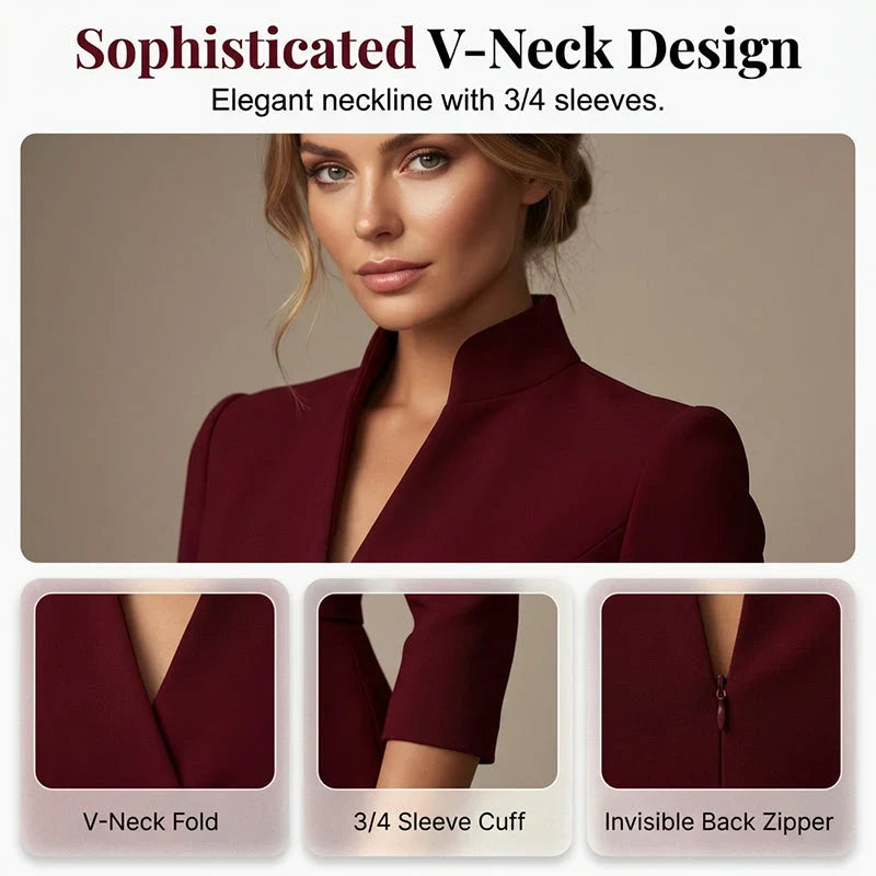 Manuela Berardi™ Elegant V-Neck Office Dress for Effortless Polish