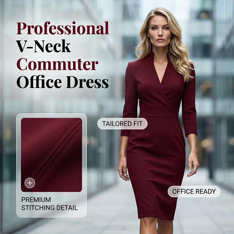 Manuela Elegant Stand Collar V-Neck Office Dress - main front product view