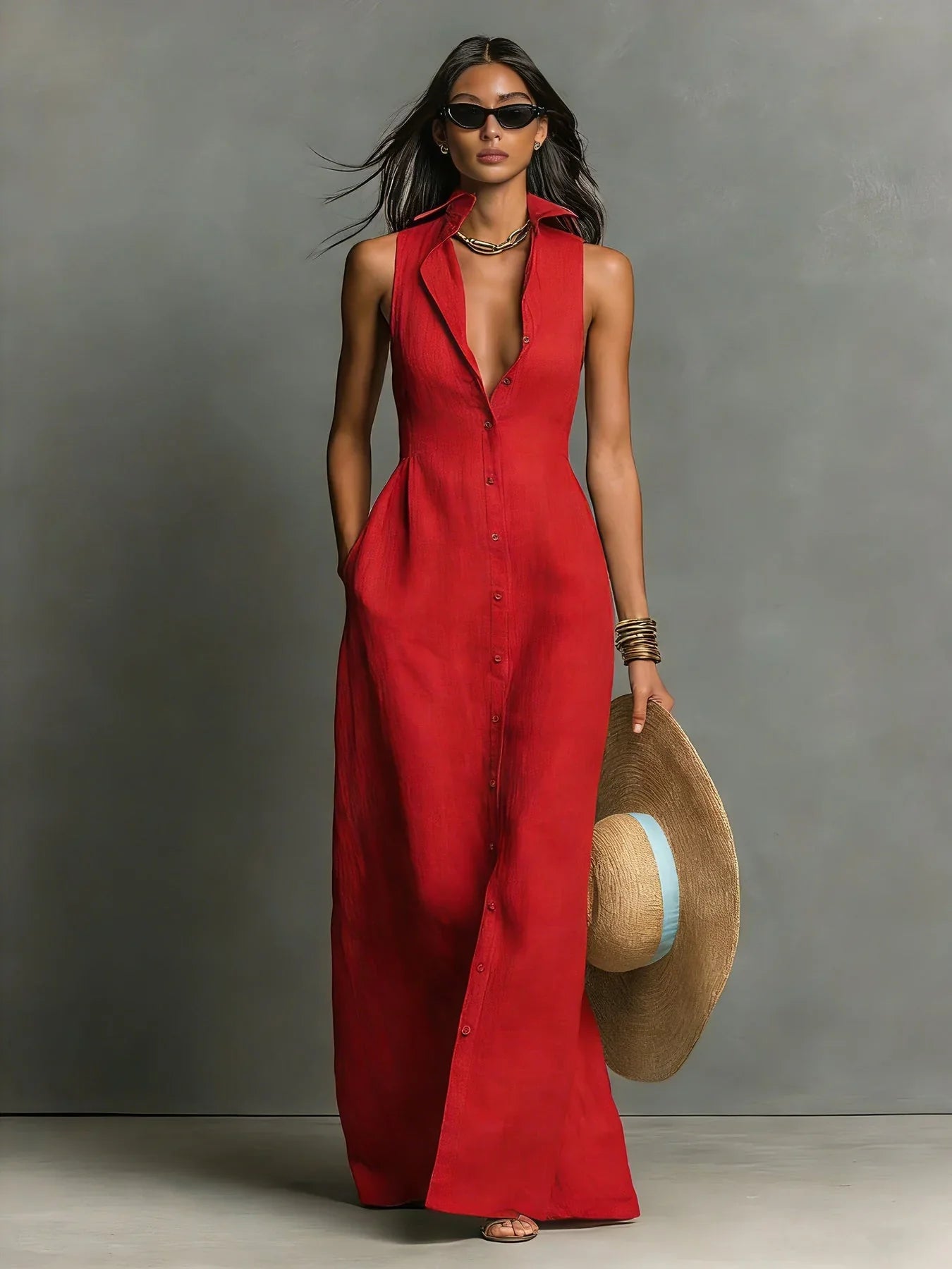 Manuela Linen Shirt Dress with Button Placket - main front view of the dress