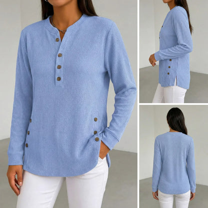 Marina Conforti Cozy Round Neck Sweatshirt - side view of solid color long sleeve sweatshirt
