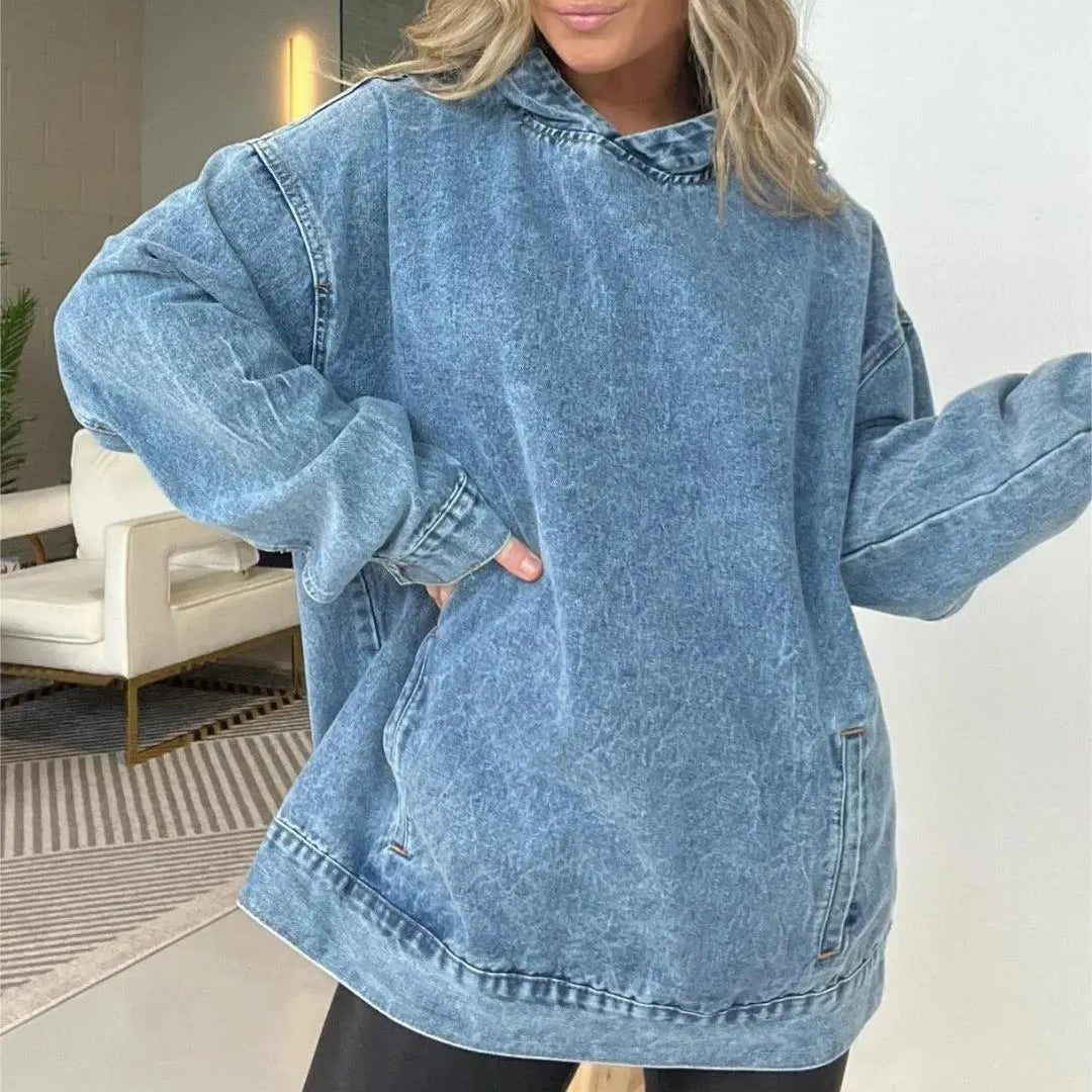 Natalina Denim Hooded Sweatshirt with Front Pockets - main front view of cozy denim hoodie