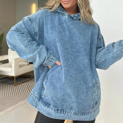 Natalina Denim Hooded Sweatshirt with Front Pockets - main front view of cozy denim hoodie
