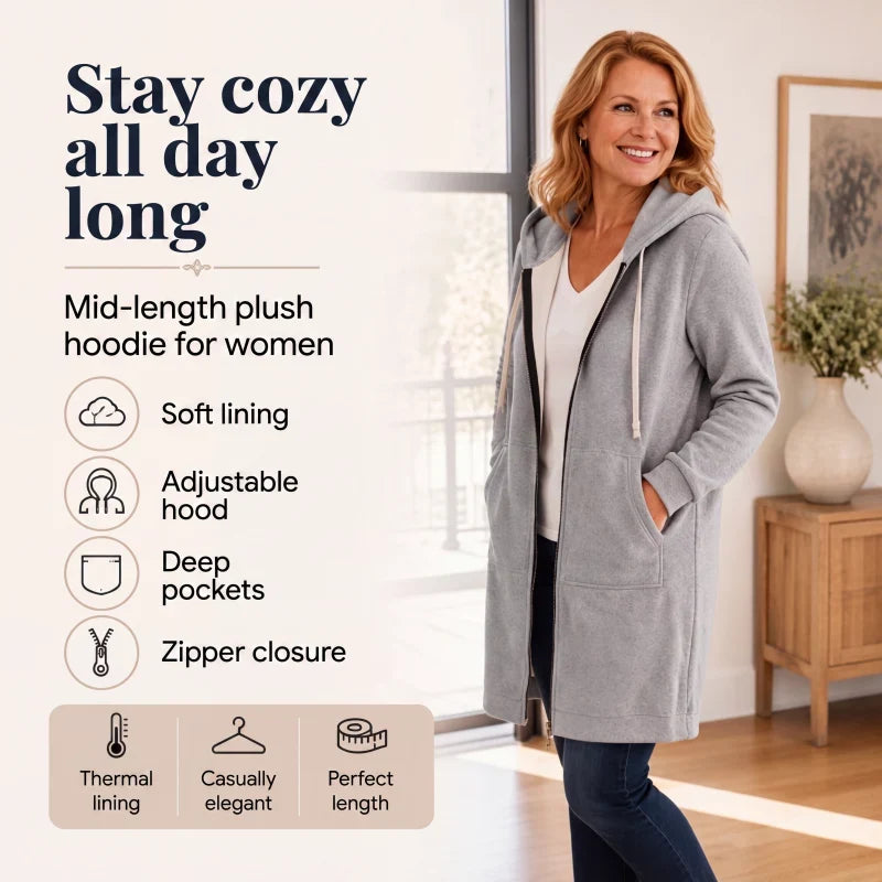 Olga Andreotti Fleece Lined Zip Hoodie - main front view of women's casual tunic sweatshirt with pockets
