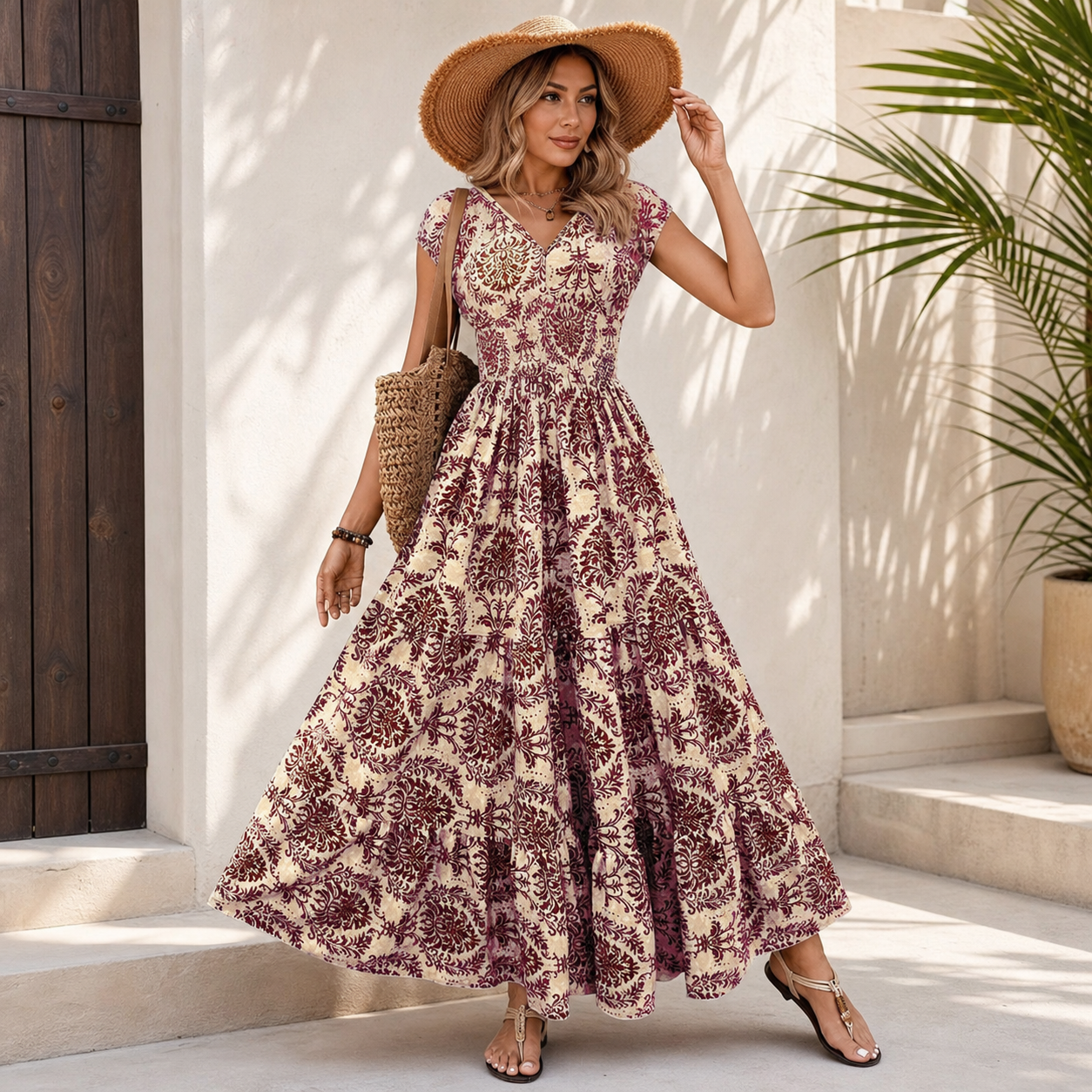 Olga Costantini™ Smocked Waist V-Neck Dress for Effortless Elegance