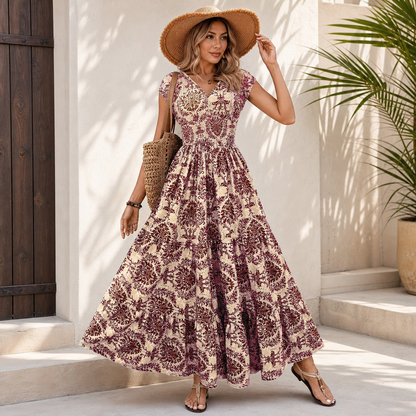 Olga Costantini™ Smocked Waist V-Neck Dress for Effortless Elegance