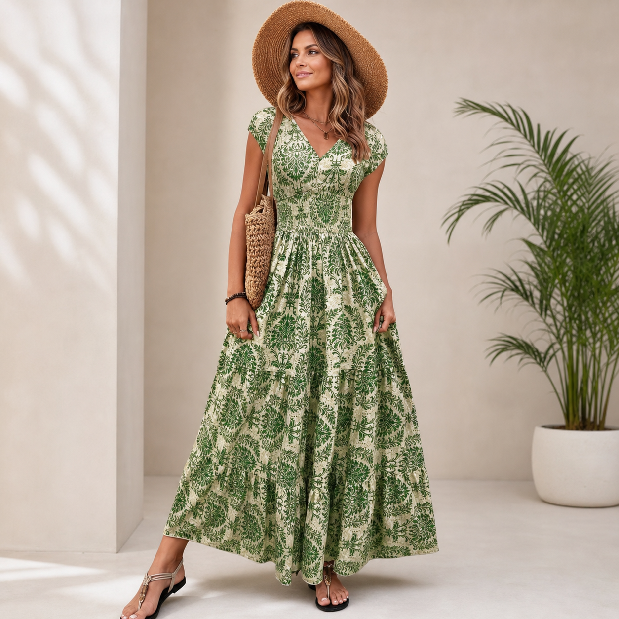 Olga Costantini™ Smocked Waist V-Neck Dress for Effortless Elegance