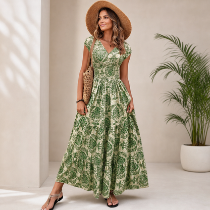 Olga Costantini™ Smocked Waist V-Neck Dress for Effortless Elegance