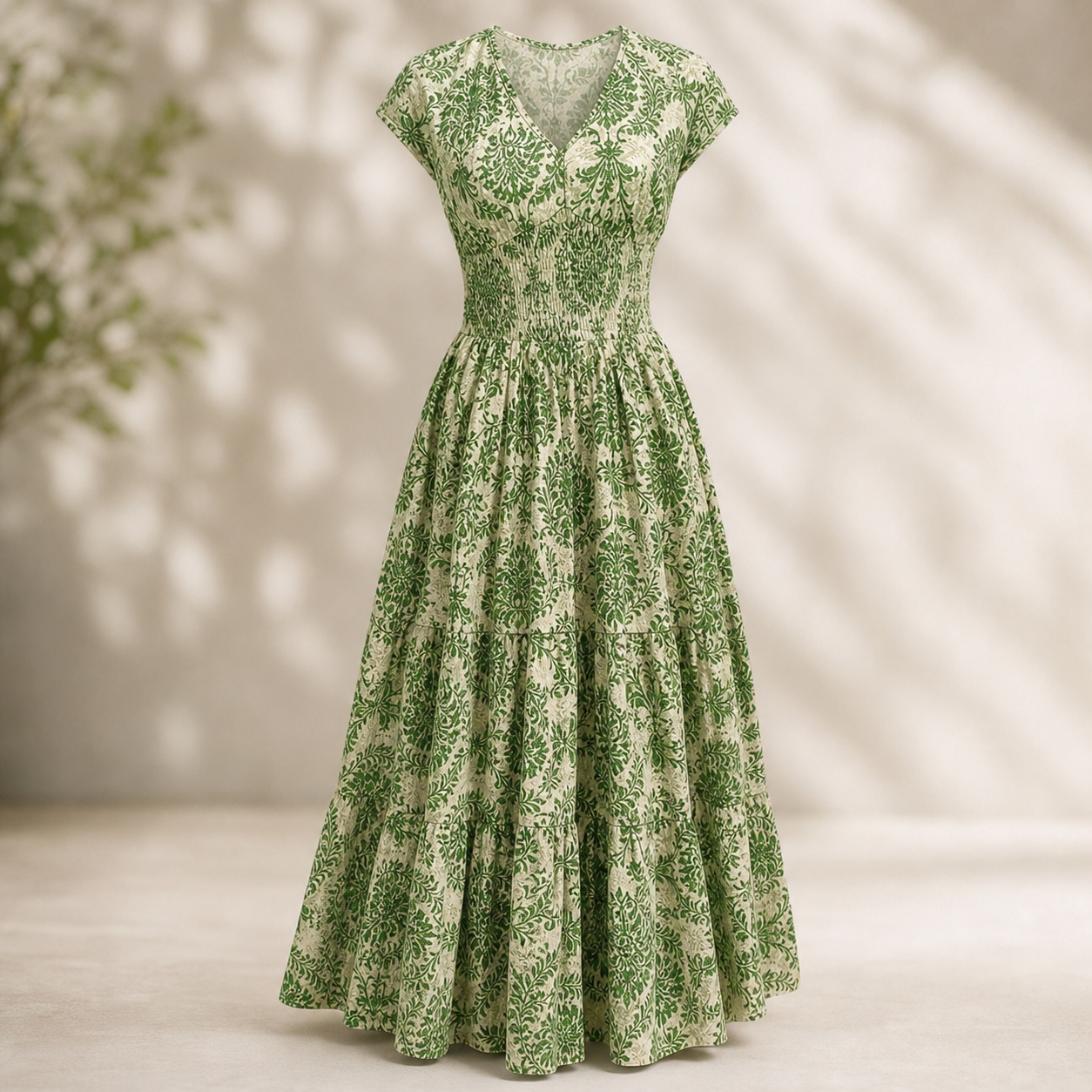 Olga Costantini™ Smocked Waist V-Neck Dress for Effortless Elegance