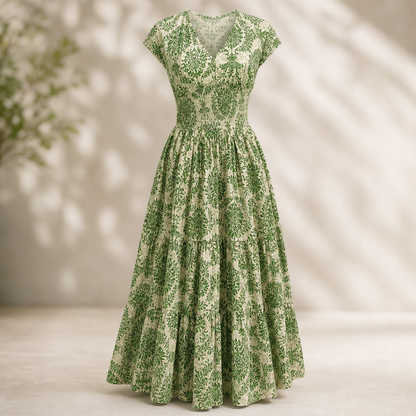 Olga Costantini™ Smocked Waist V-Neck Dress for Effortless Elegance