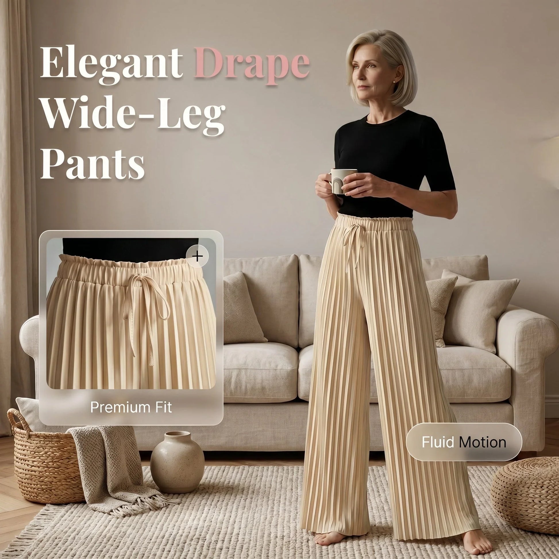 Olimpia Pleated Wide-Leg Pants with Adjustable Drawstring - main product view