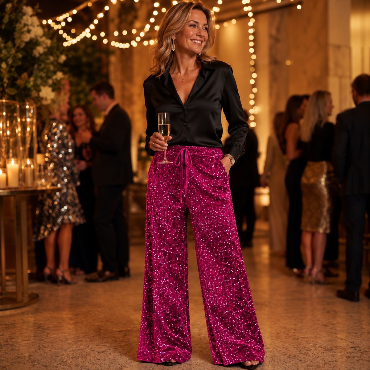 Orietta Polizzi™ Sequin Wide Leg Pants for Effortless Glamour