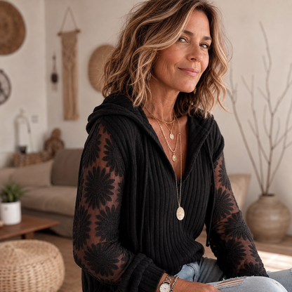 Orietta Zanicchi™ Elegant Hooded Cardigan with Romantic Lace Trim